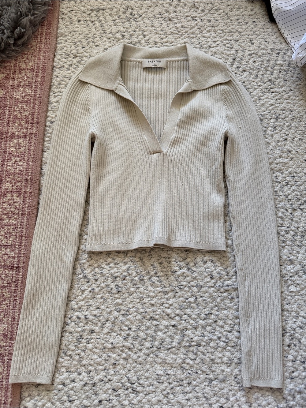 Babaton Light Beige Ribbed Collared Knit Top